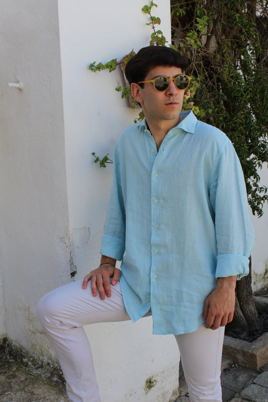 CAMISA LINO AZUL TURQUESA